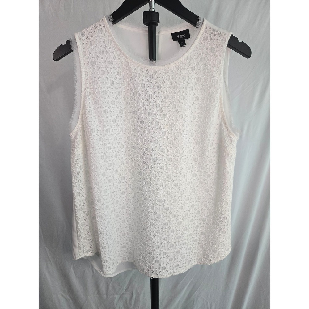 White Floral Lace Overlay Blouse Size M Sleeveless Top Sheer Feminine Minimalist